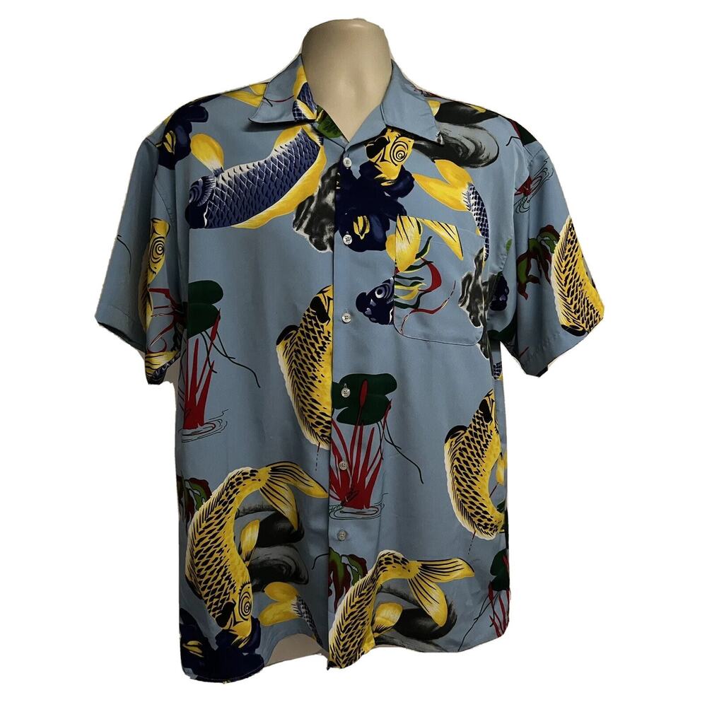 Koman Mens Blue Vintage Hawaiian Asian Koi Fish Button Up Shirt Medium Pocket